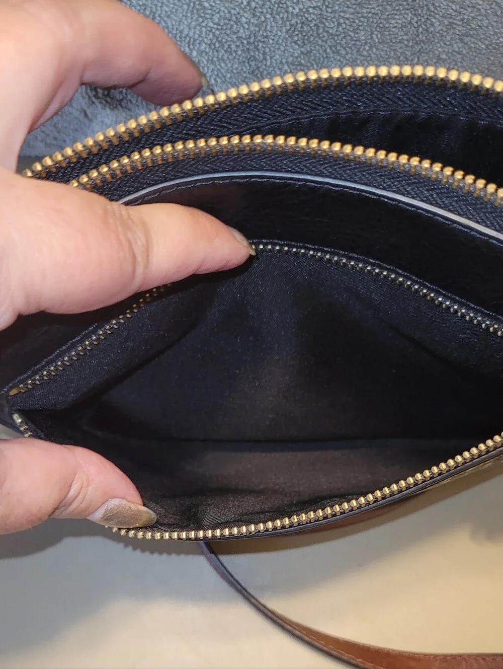 Fossil Black & White Patterned Crossbody with Brown Strap.